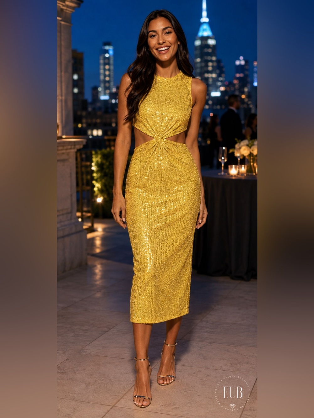 Mac Duggal Marigold Sequin Twist Front Cutout Midi Dress Size 2 New With Tags - Picture 5 of 16